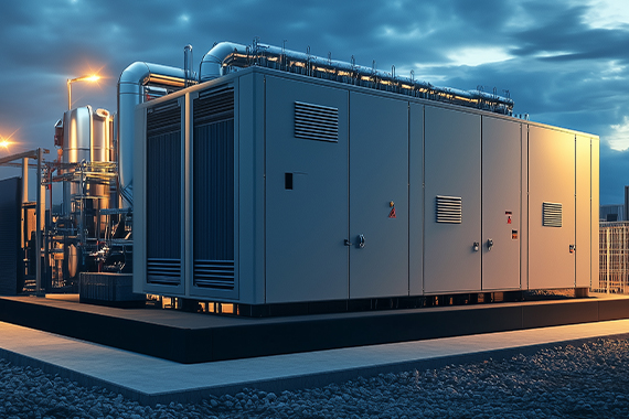 Industrial Backup Power Generator Unit At Sunset