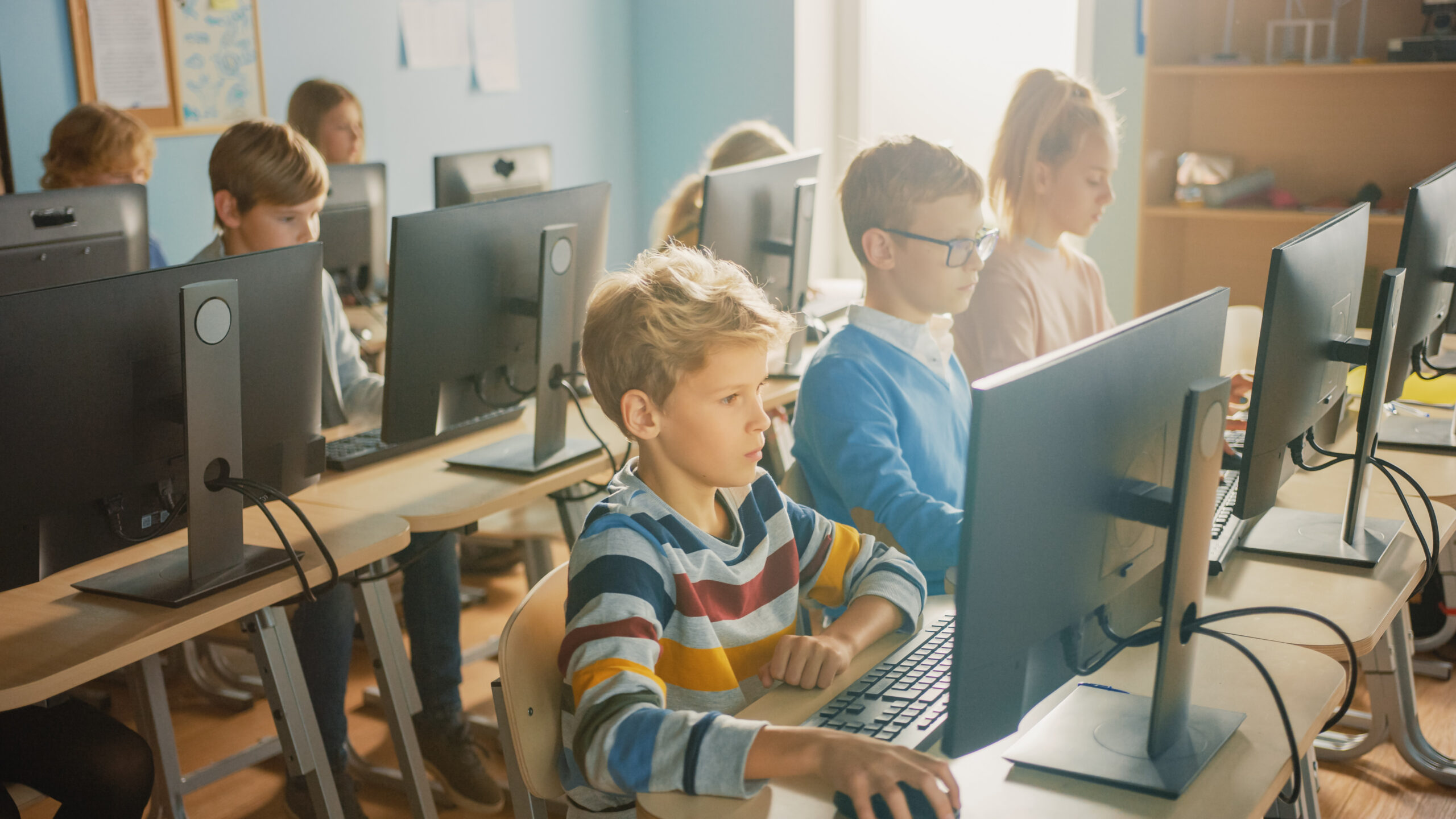 Elementary School Computer Science Classroom: Diverse Group Of L
