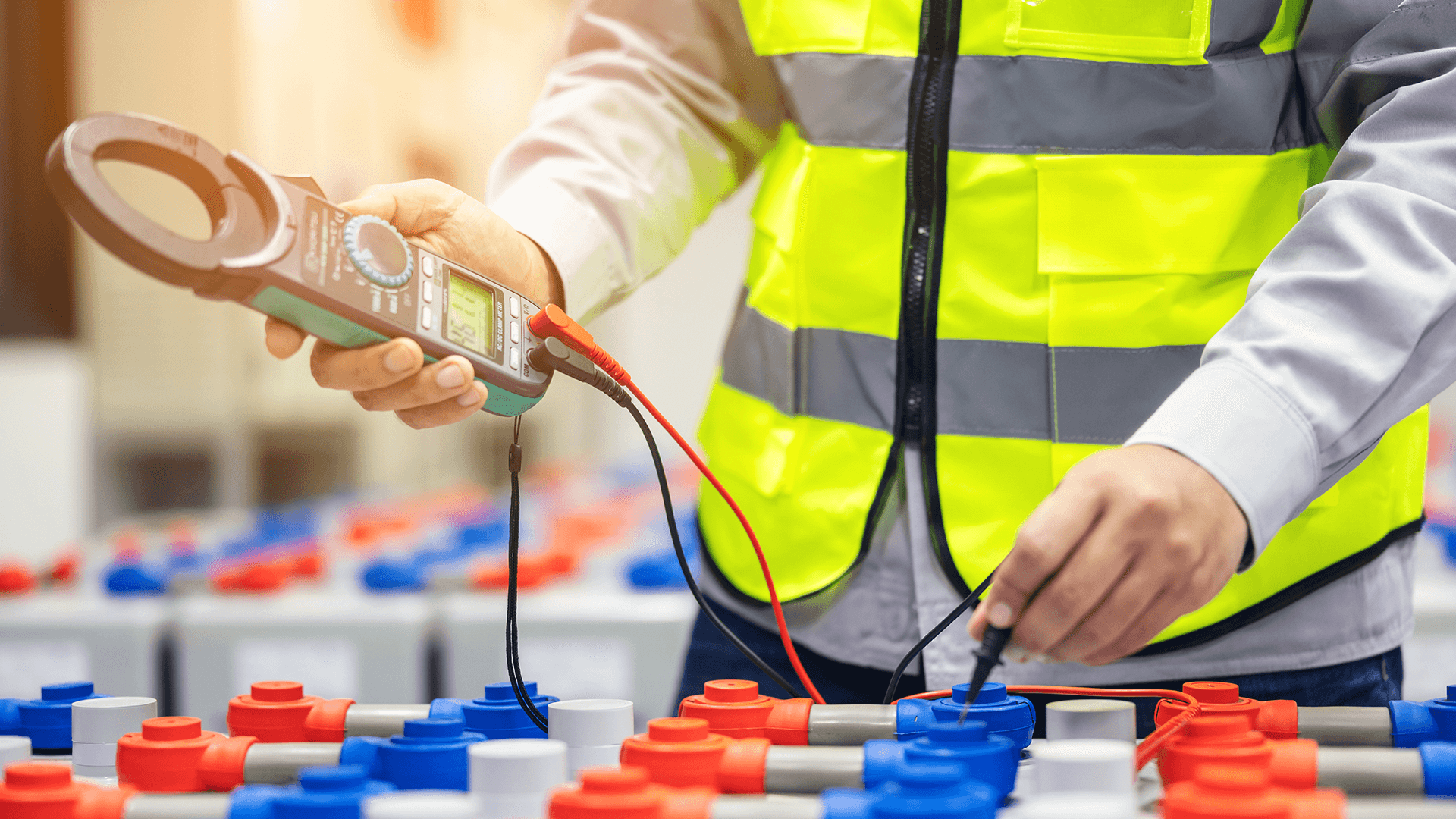 electrician using digital tester on red and blue batteries