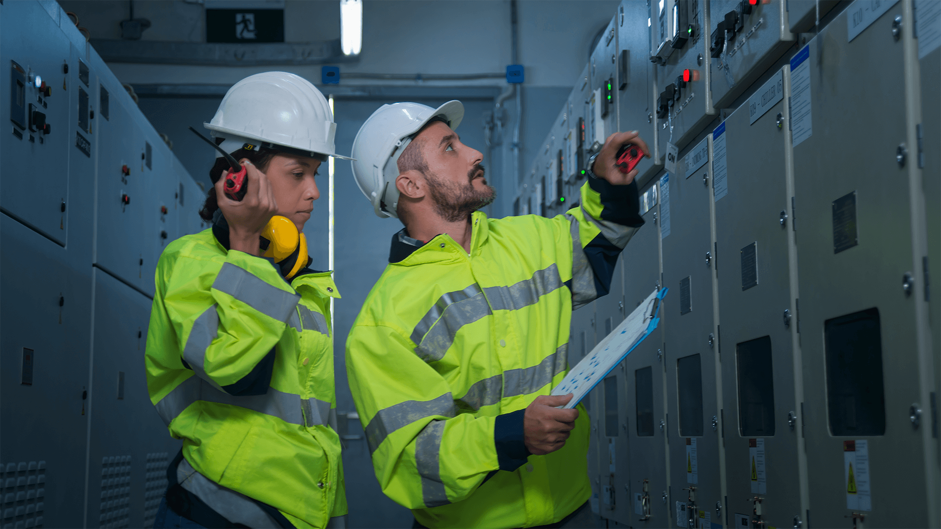 two engineers in hard hats checking switchgear in large data center